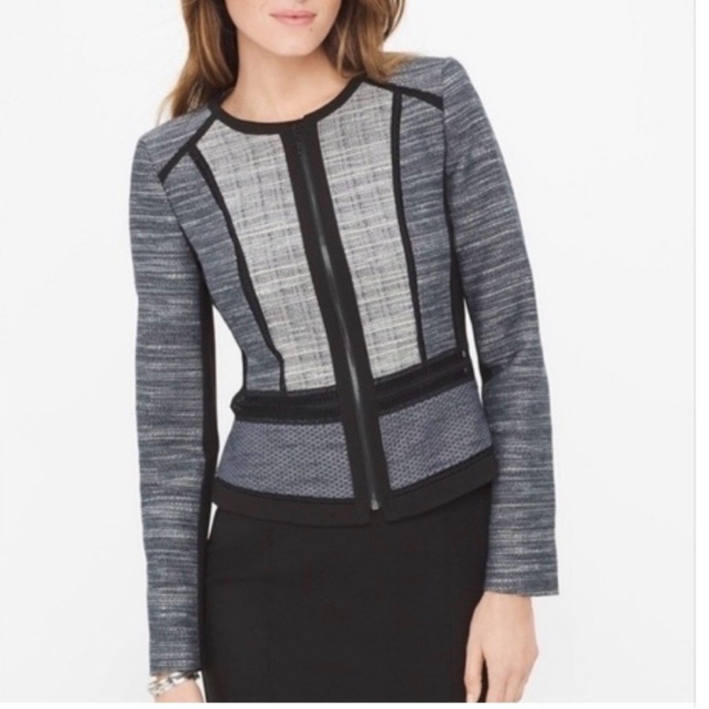 WHBM 2 piece jacket and sheath dress.  Knit with Blue Gray linen Paneling